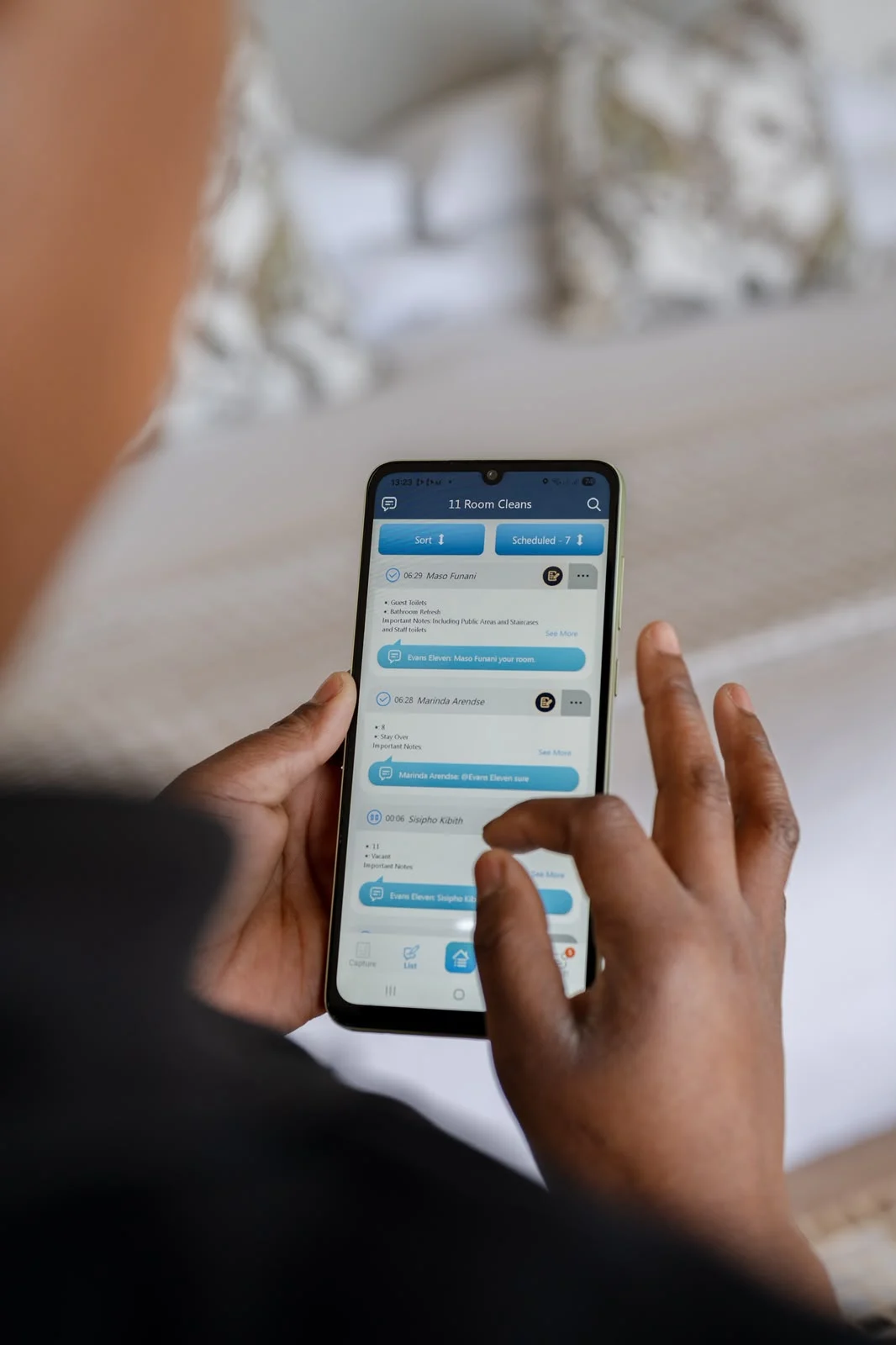 HouseProud app showing scheduled room cleans at Eleven Hotel