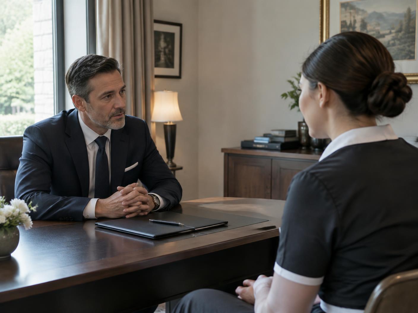 A calm, structured meeting in the hotel office